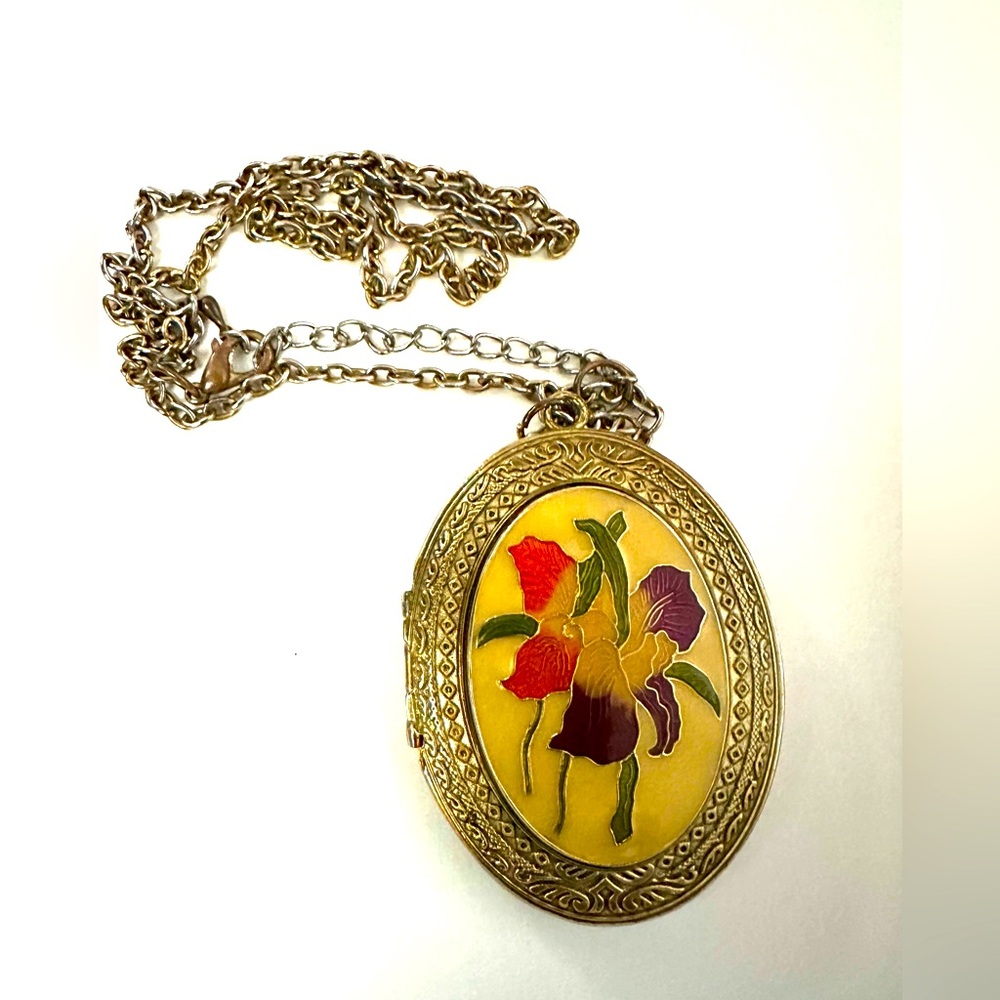 Vintage Cloisonné Cloisonne Enamel Oversized Locket Necklace Oval Iris Floral